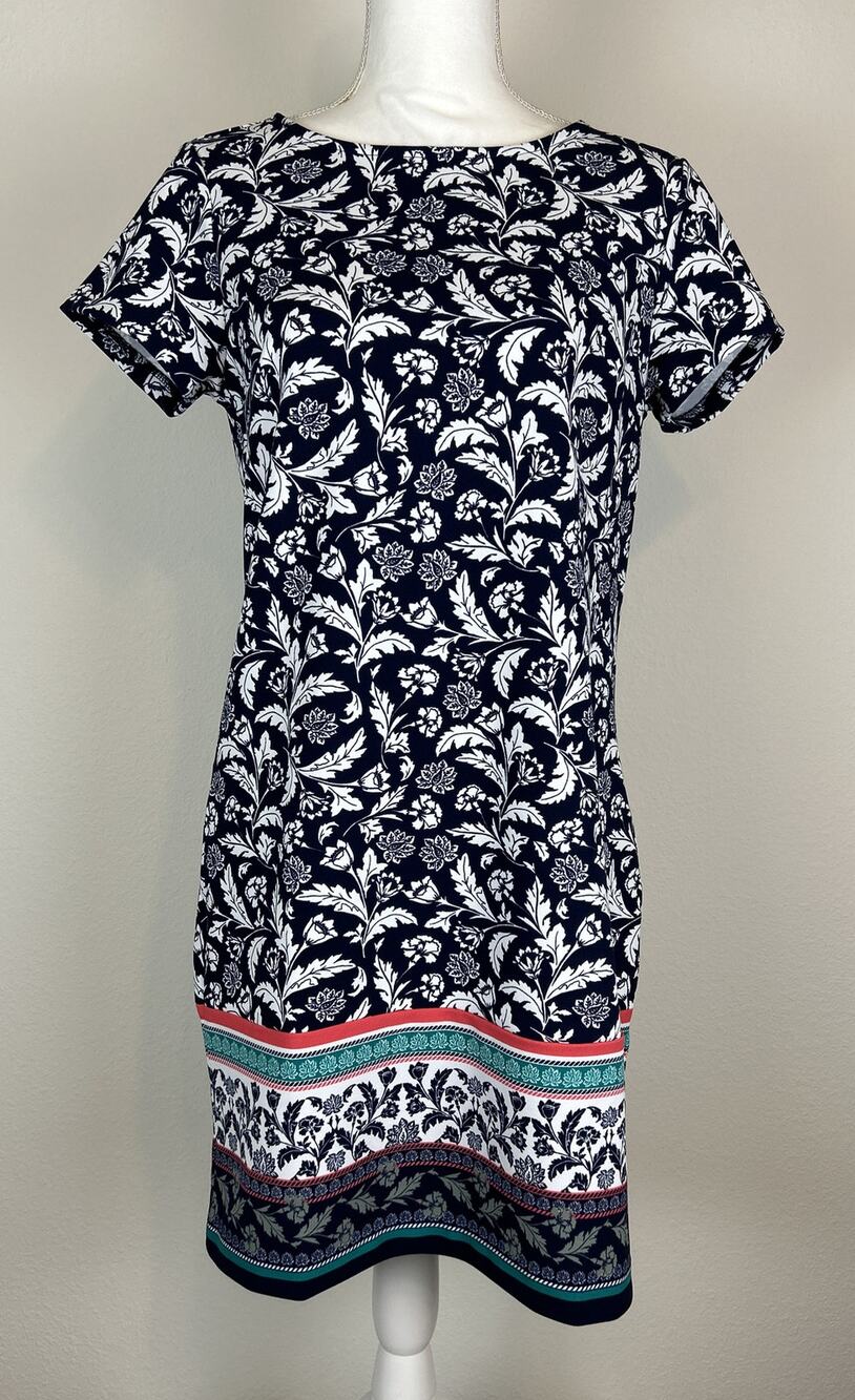 Banana Republic Size 4 Navy Floral Border Print Shift Dress Mini
